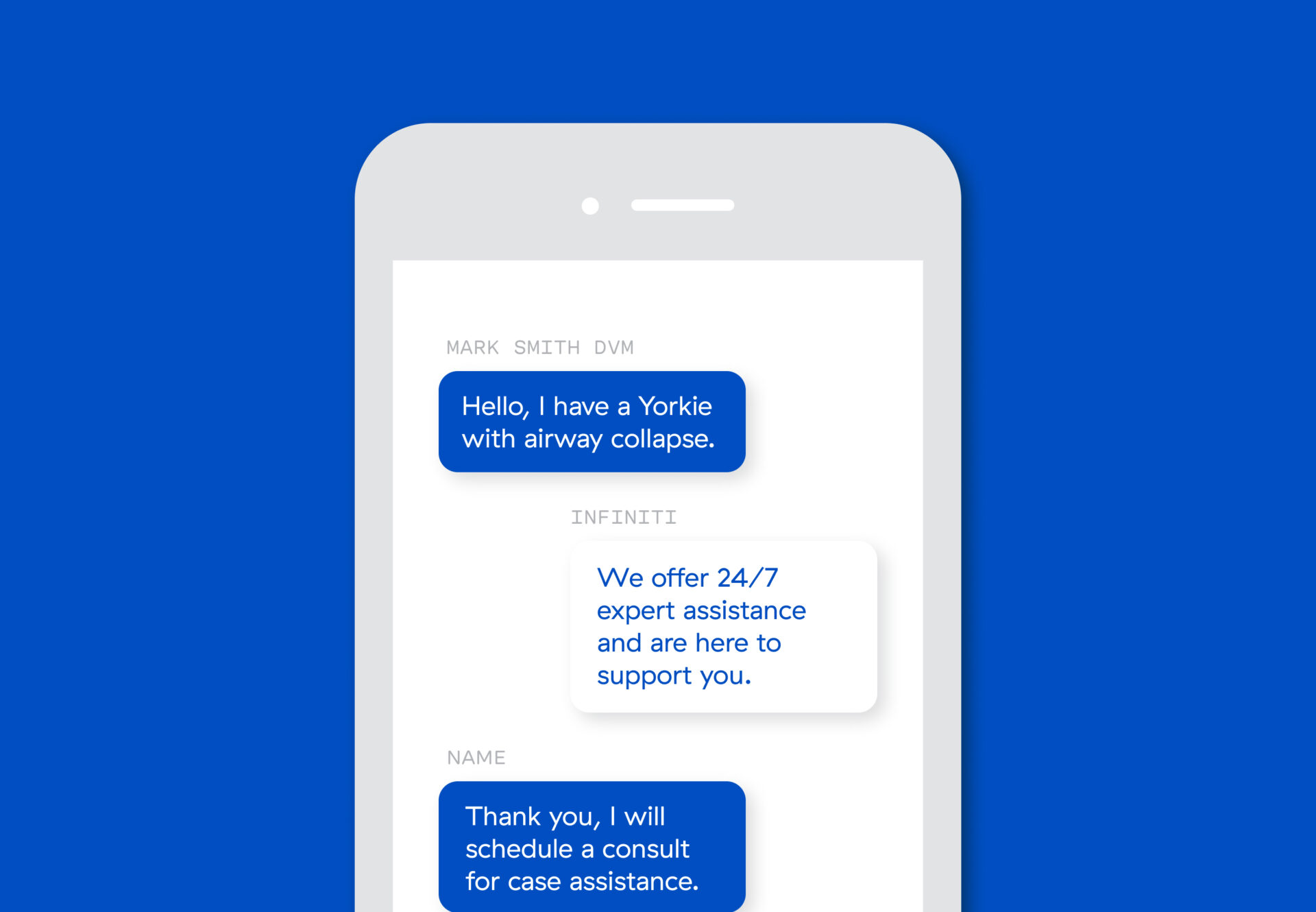 Illustration of a phone, a vet asks Infiniti for a consult.