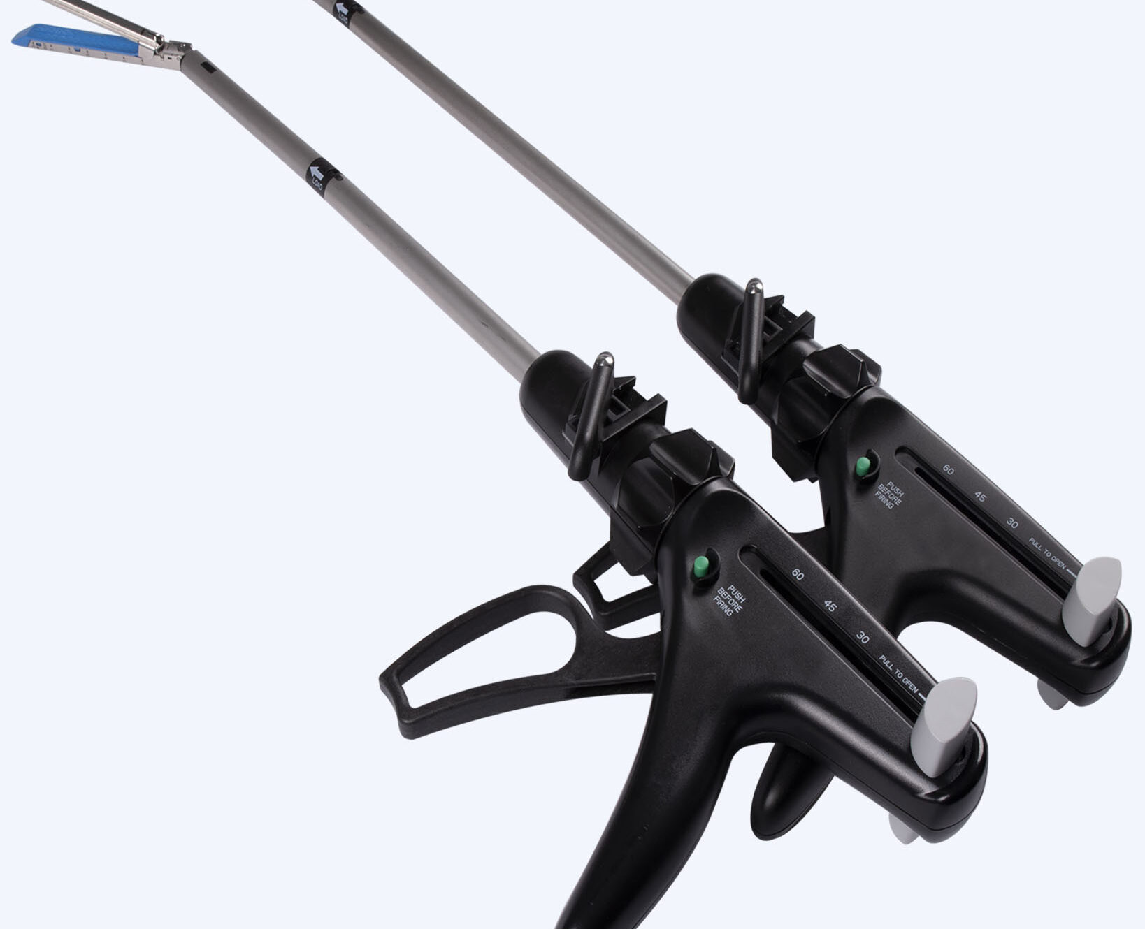 Wide view of extended surgical staplers